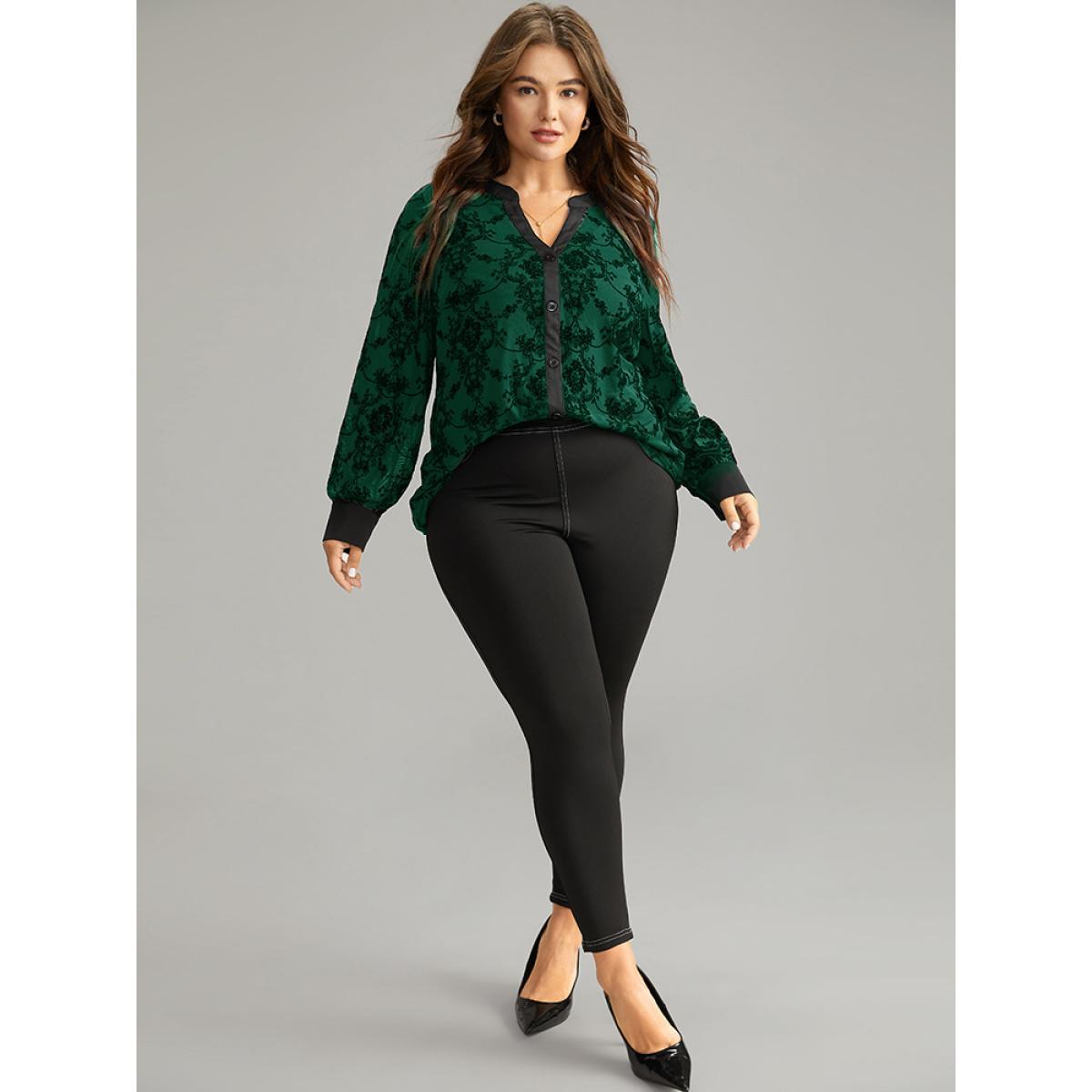 Plus Size DarkGreen Floral Print Mesh V Neck Blouse Women Elegant Long Sleeve V-neck Dailywear Blouses BloomChic 12/L Product Image