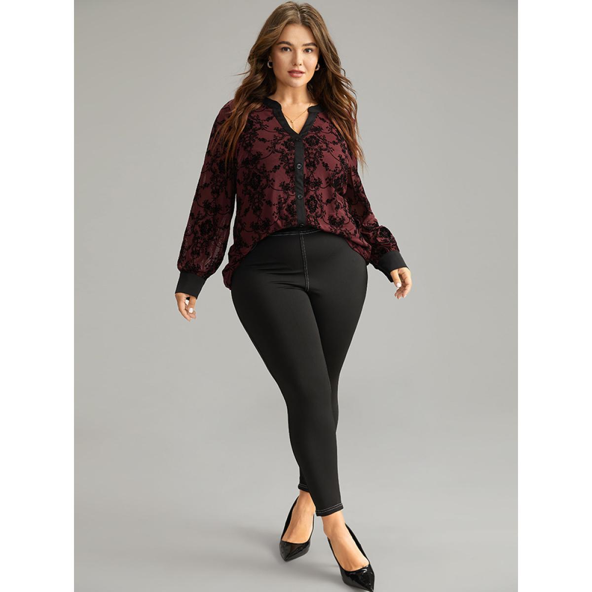 Plus Size DarkGreen Floral Print Mesh V Neck Blouse Women Elegant Long Sleeve V-neck Dailywear Blouses BloomChic 12/L Product Image