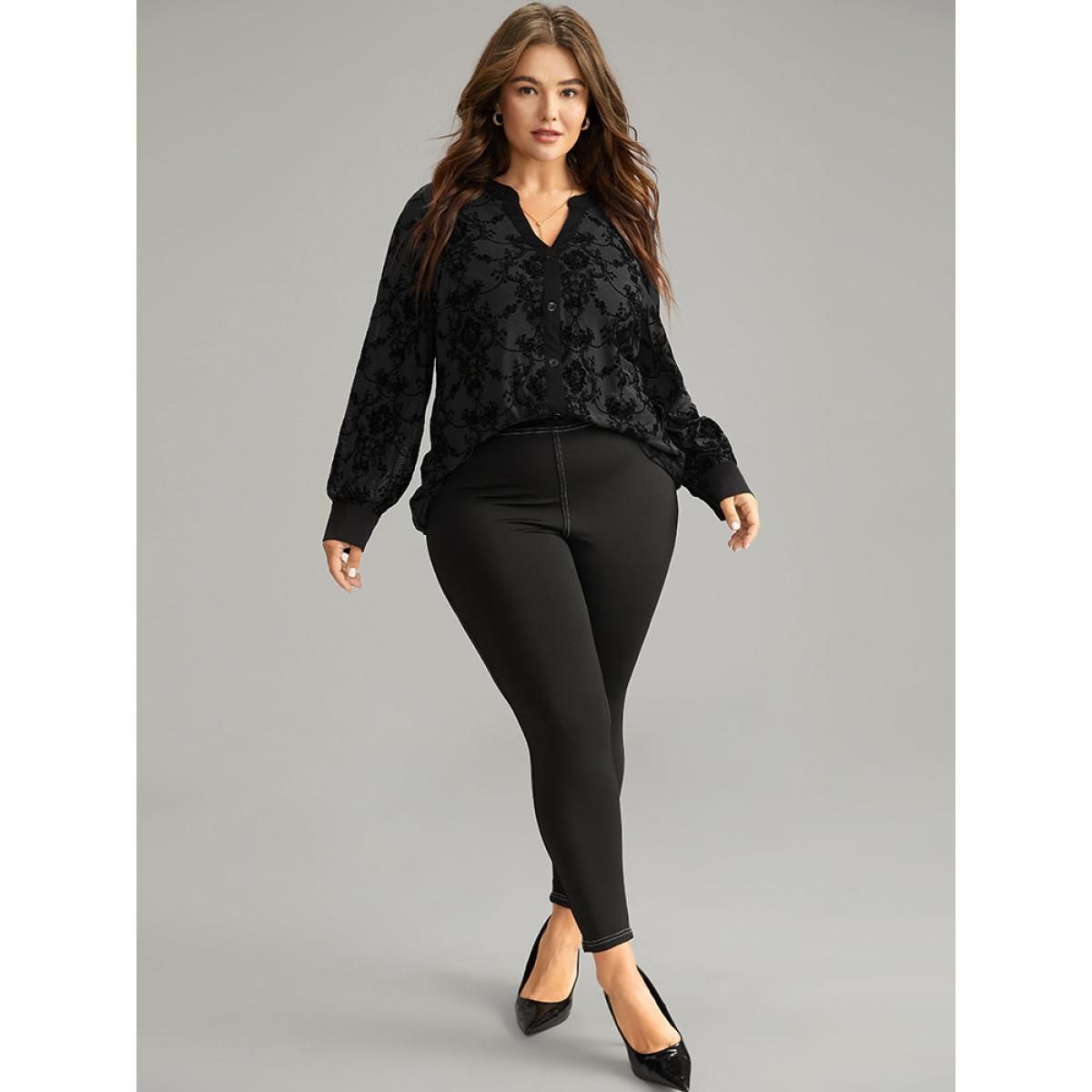 Plus Size Black Floral Print Mesh V Neck Blouse Women Elegant Long Sleeve V-neck Dailywear Blouses BloomChic 10/M Product Image