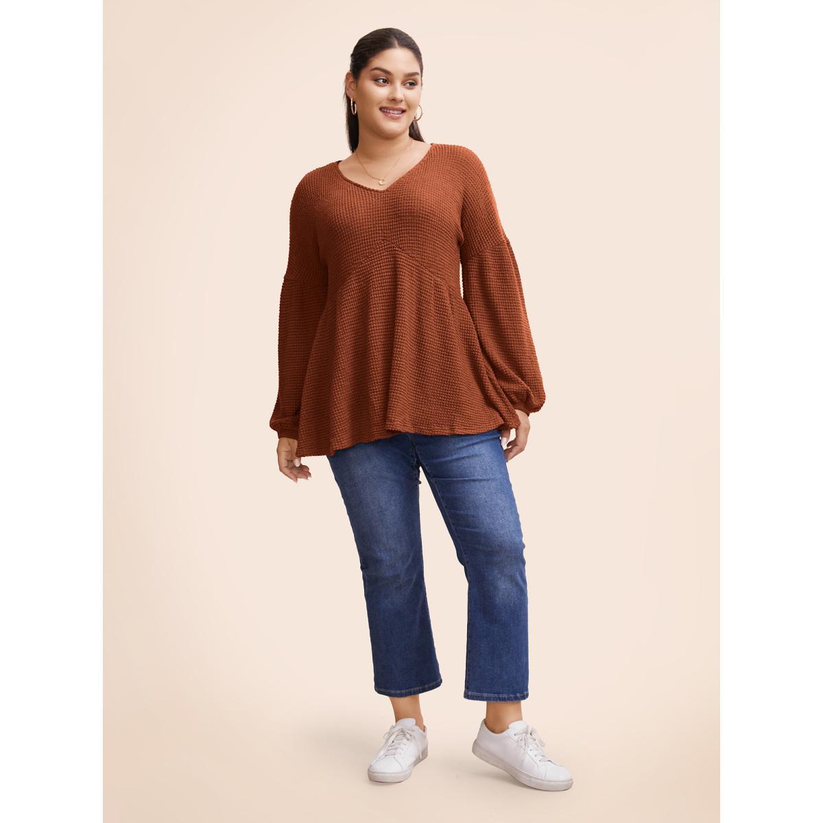 Plus Size Waffle Knit Lantern Sleeve Flutter Hem Sweatshirt Women Chocolate Elegant Texture V-neck Dailywear Sweatshirts BloomChic 14-16/1X Product Image