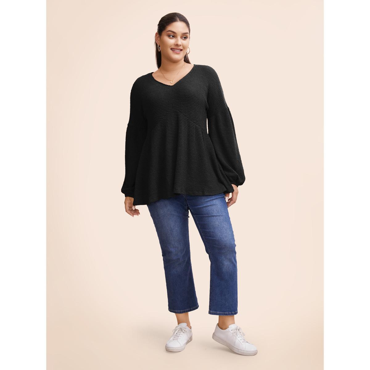 Plus Size Waffle Knit Lantern Sleeve Flutter Hem Sweatshirt Women Black Elegant Texture V-neck Dailywear Sweatshirts BloomChic 18-20/2X Product Image