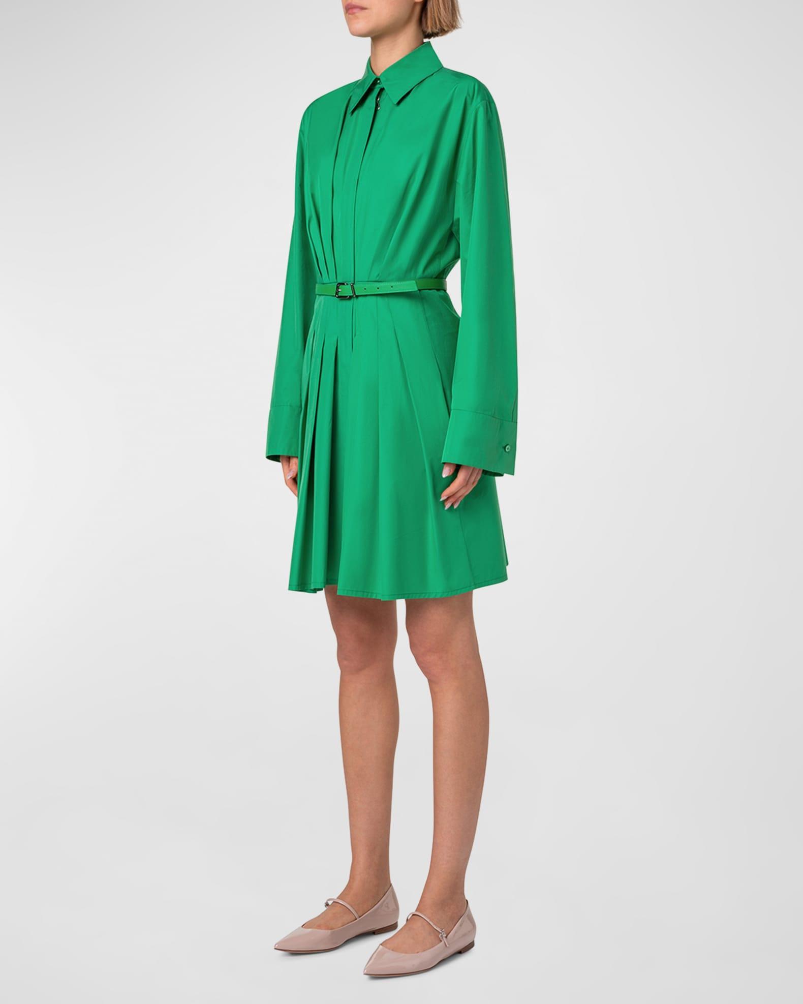 Long-Sleeve Pleated Cotton Poplin Shirtdress With Belt Product Image