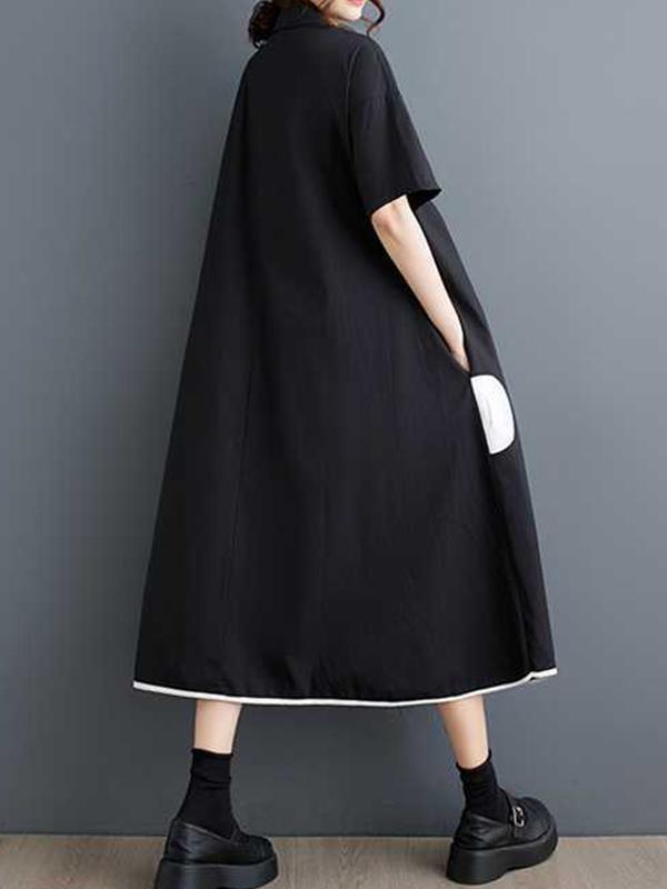 A-Line Half Sleeves Buttoned Pockets Polka-Dot Split-Front Split-Joint Lapel Midi Dresses Shirt Dress Product Image