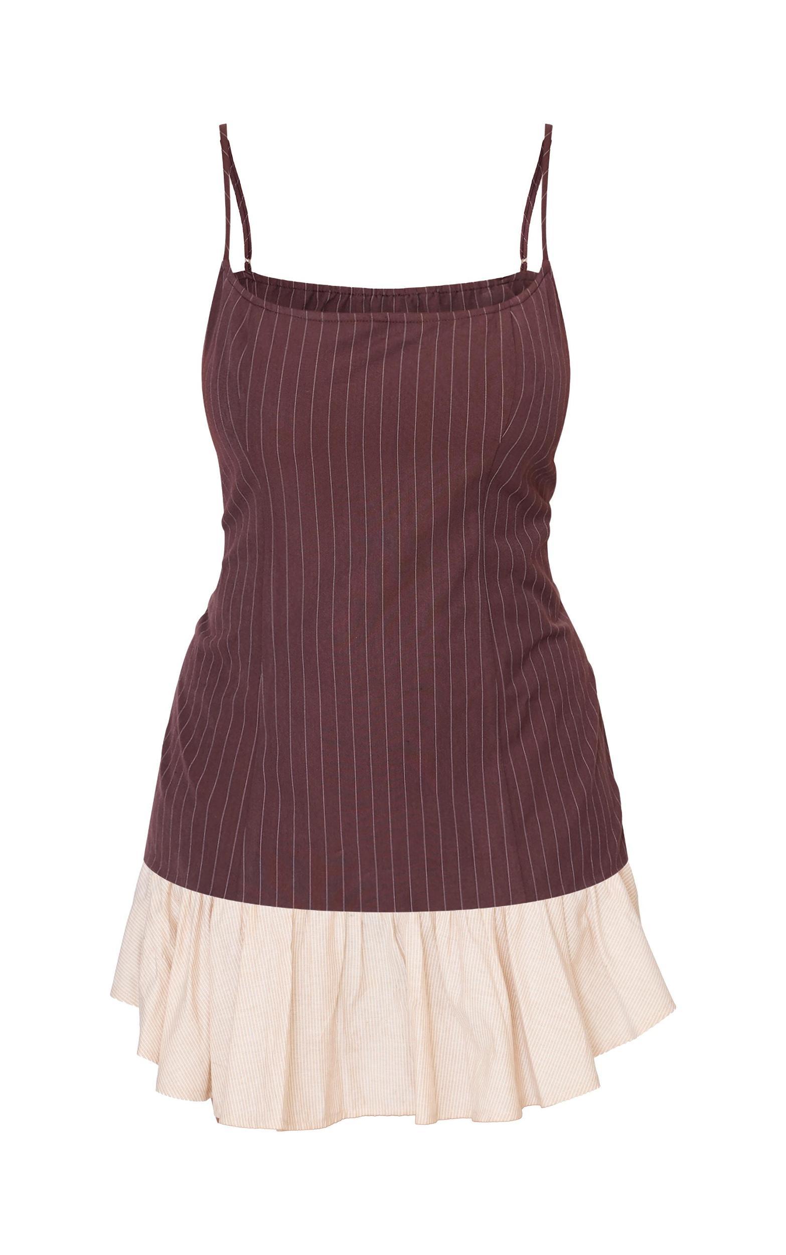 Plus Brown Contrast Pinstripe Frill Hem Shift Dress Product Image
