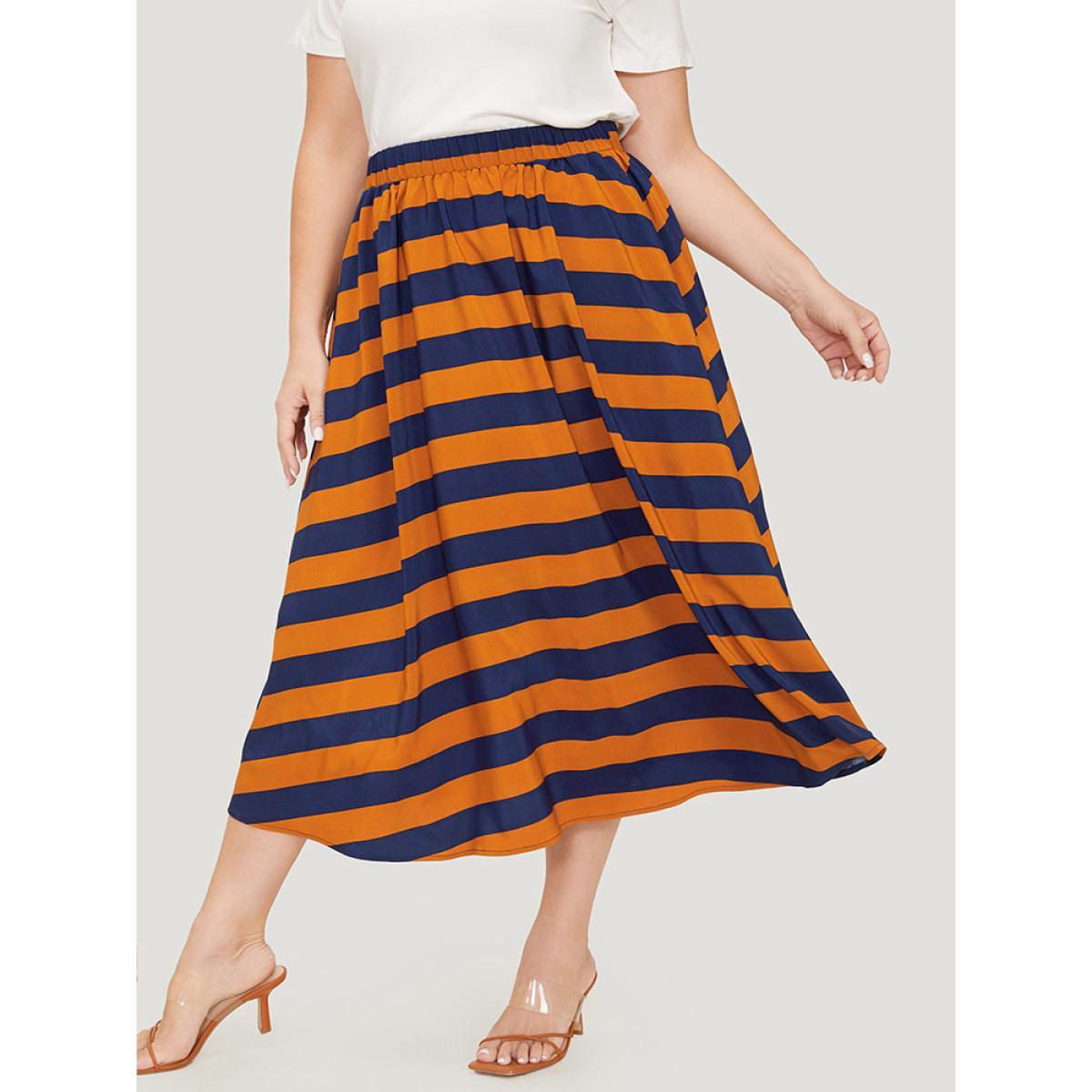 Plus Size Striped Print Ruffle Hem Pocket Skirt Women Multicolor Office Contrast Low stretch Pocket Work Skirts BloomChic 22-24/3X Product Image