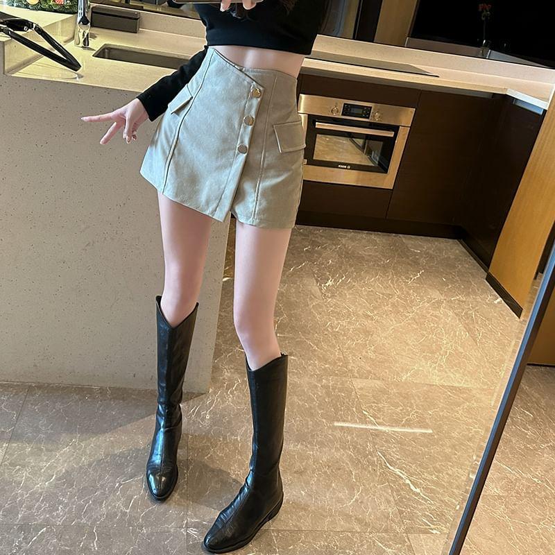 High Waist Plain Asymmetrical Faux Leather Button Front Skort Product Image