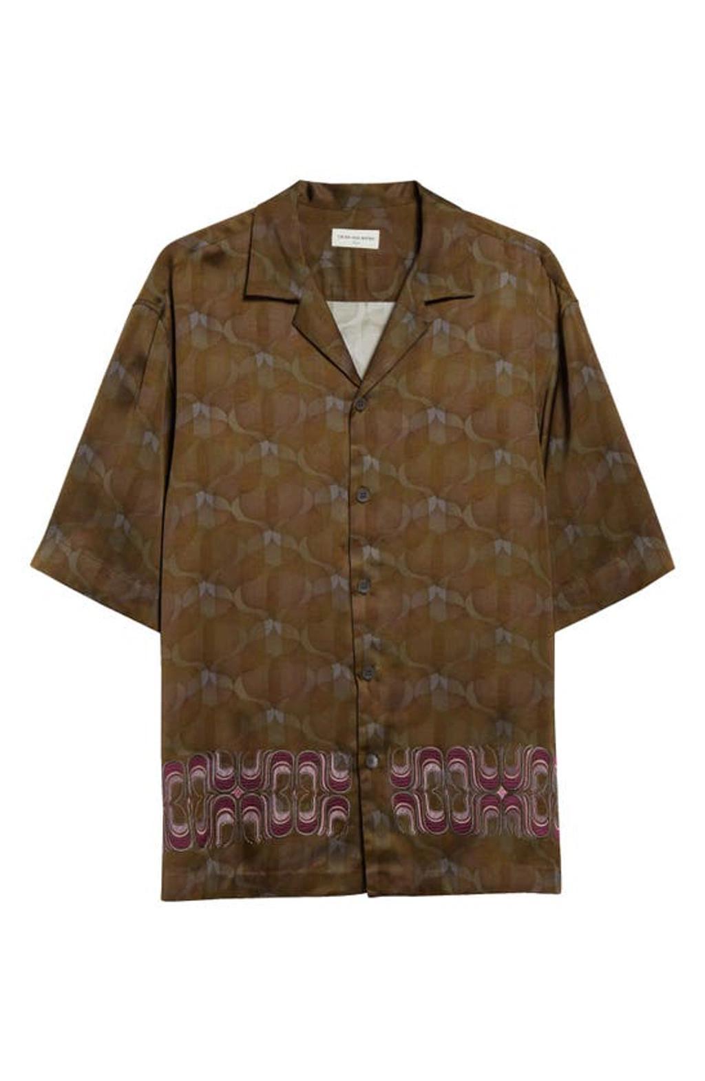 DRIES VAN NOTEN Cassi Embroidered Wallpaper-print Satin Shirt In Khaki Product Image