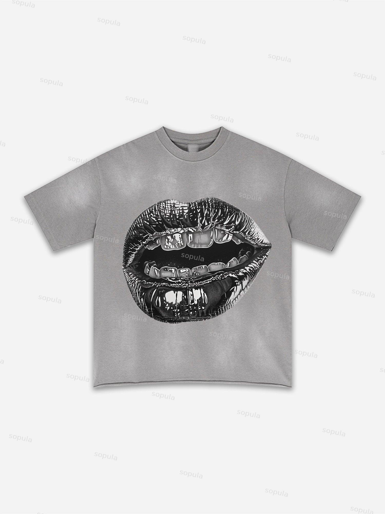Lips Graphic Print Washed T-shirt Product Image