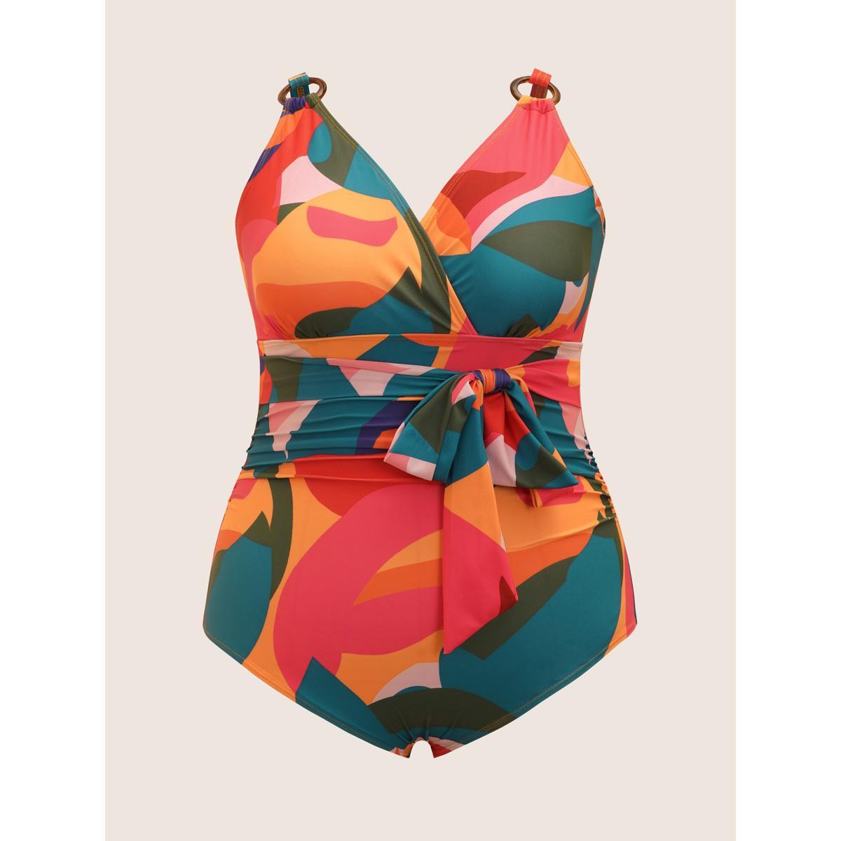 Plus Size Asymmetrical Colorblock Contrast Ties One Piece Swimsuit Women's Swimwear Multicolor Beach Tie knot Curve Bathing Suits High stretch One Pieces BloomChic 12/L Product Image