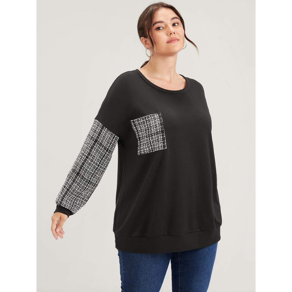 Plus Size Colorblock Contrast Pocket Raw Trim Drop Shoulder Sweatshirt Women Black Casual Patchwork Round Neck Dailywear Sweatshirts BloomChic 18-20/2X Product Image