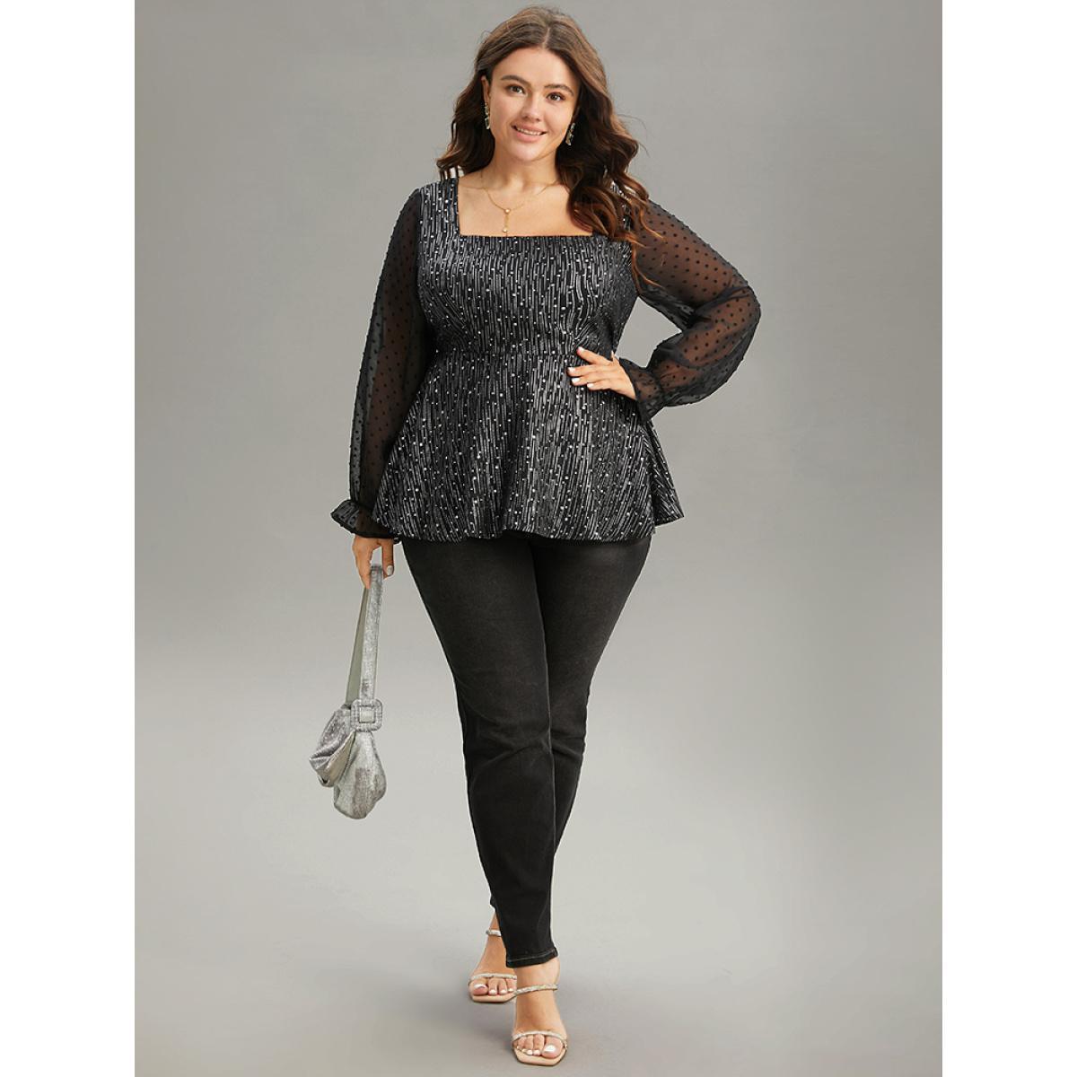 Plus Size Black Plain Textured Glitter Patchwork Square Neck Blouse Women Glamour Long Sleeve Square Neck Party Blouses BloomChic 14-16/1X Product Image