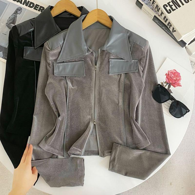 Collared Faux Leather Panel Zip-Up Velvet Crop Jacket Product Image