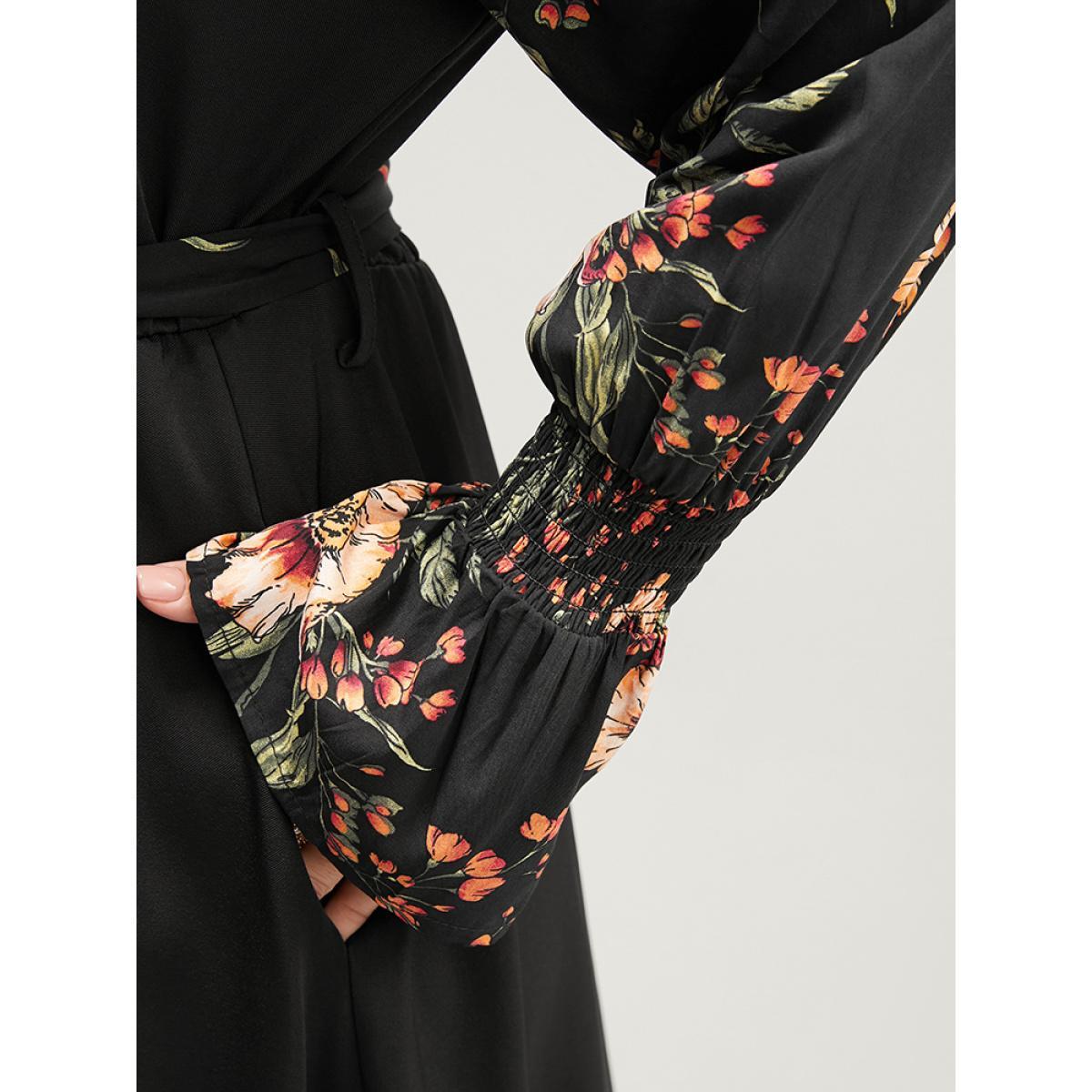 Plus Size Floral Patchwork Lantern Sleeve Pocket Belted Shirred Mock Neck Dress Black Women Elegant Patchwork Mock Neck Long Sleeve Curvy Midi Dress BloomChic 30/6X Product Image