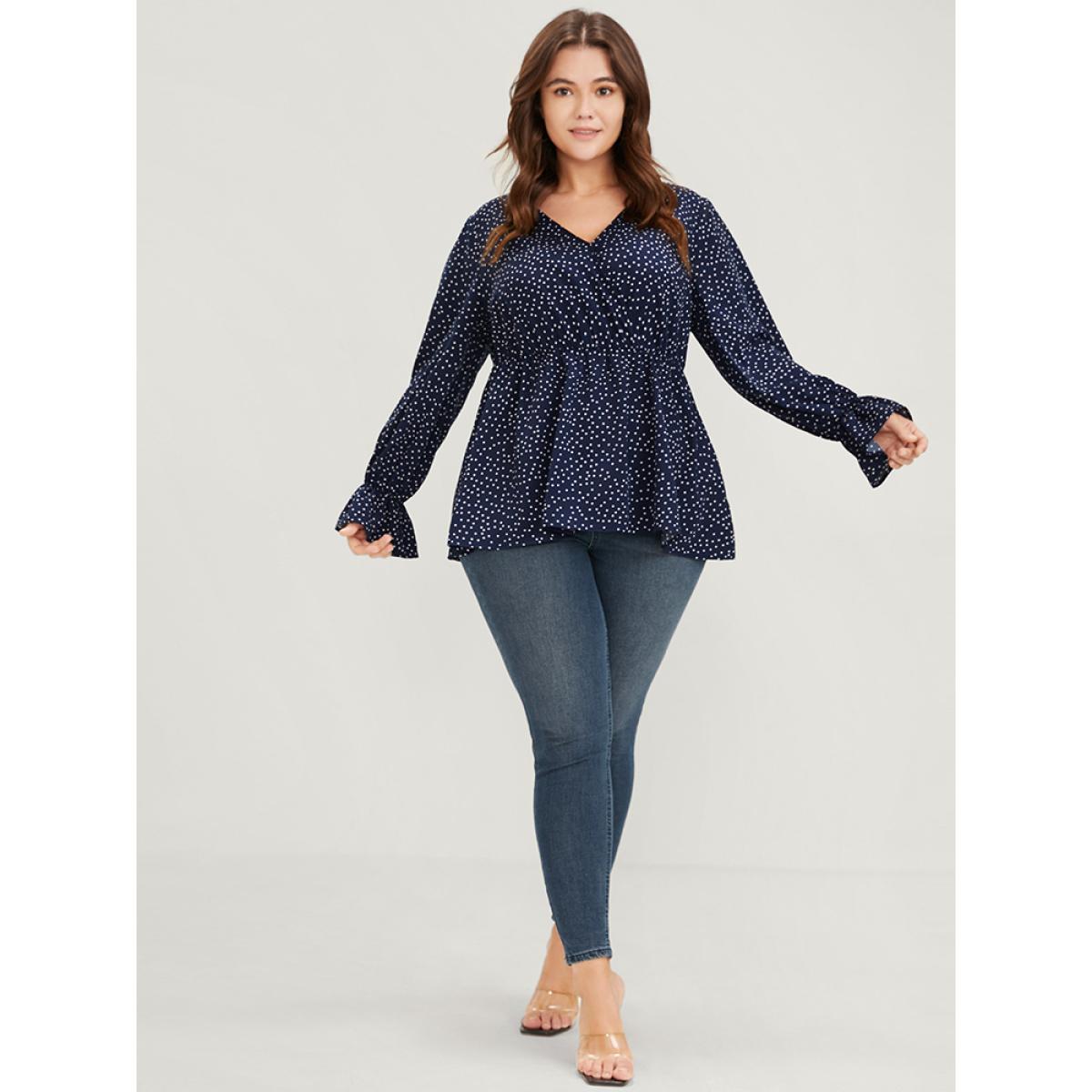 Plus Size DarkBlue Polka Dot Button Lantern Sleeve Ruffles Hem Wrap Blouse Women Elegant Long Sleeve V-neck Dailywear Blouses BloomChic 30/6X Product Image