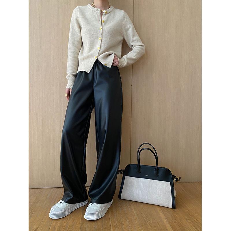 High Waist Plain Faux Leather Loose Fit Pants Product Image