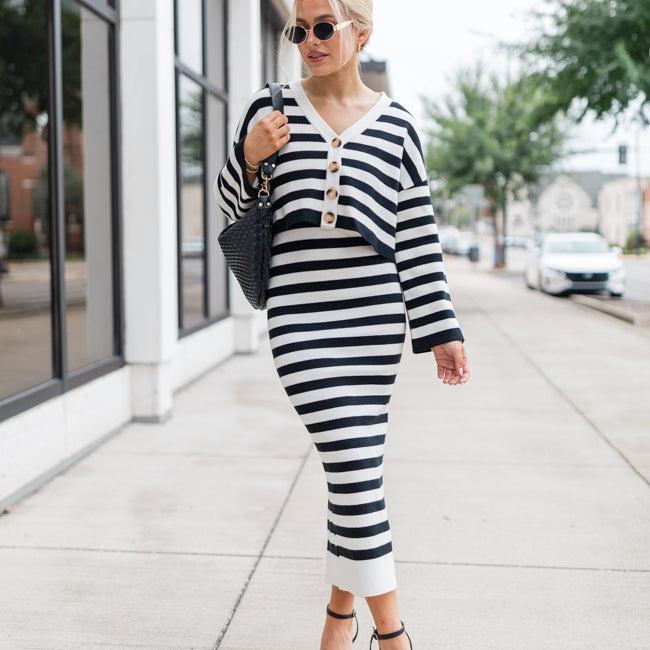 Feels Like Love Black and White Striped Dress and Cardigan Set FINAL SALE Product Image