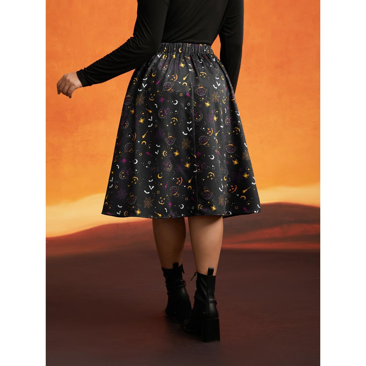 Plus Size Pumpkin Dance Printed Knee-Length Skirt Women Black Cocktail Non No stretch Slanted pocket Party Skirts BloomChic 18-20/2X Product Image
