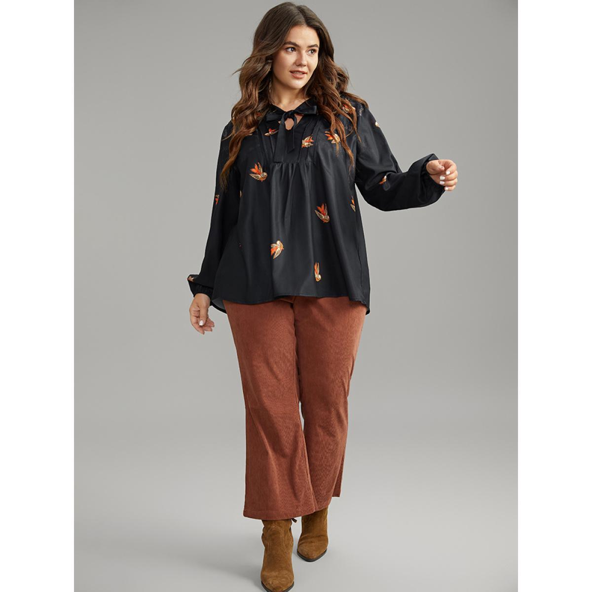 Plus Size Black Boho Print Ties Lantern Sleeve Blouse Women Elegant Long Sleeve Tie Neck Dailywear Blouses BloomChic 28/5X Product Image