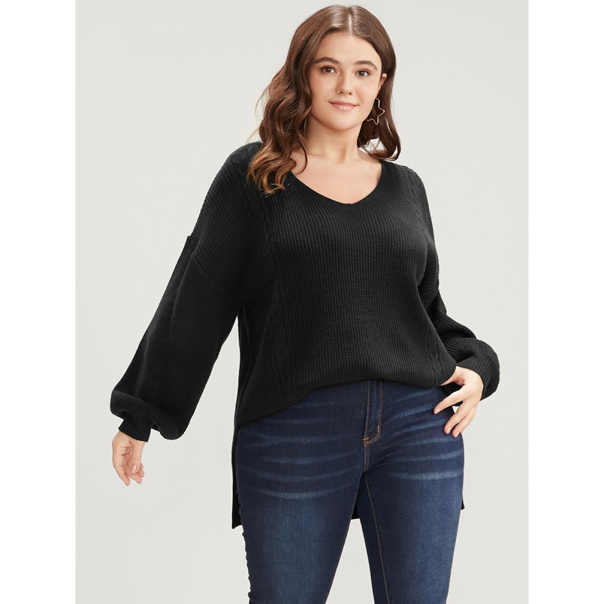 Plus Size Solid Pointelle Knit Lantern Sleeve Cut Out Split Knit Top Black Women Casual Loose Long Sleeve V-neck Dailywear Pullovers BloomChic 22-24/3X Product Image