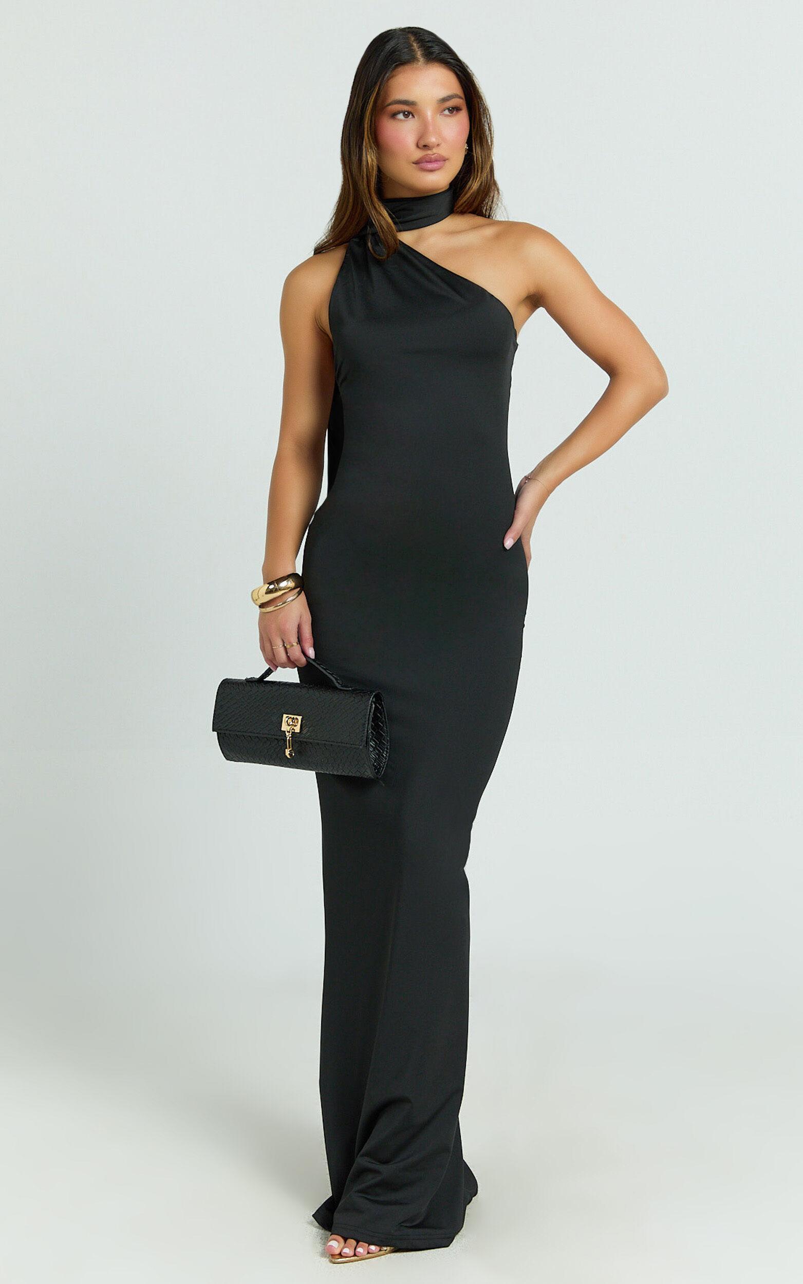 Seraphine Maxi Dress - Halter Neck Low Back Fit And Flare Dress in Black Product Image