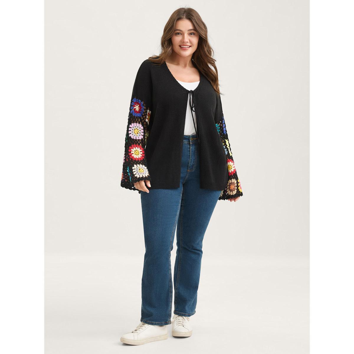 Plus Size Crochet Floral Tie Cut-Out Cardigan Black Women Loose Long Sleeve Everyday-Casual Cardigans BloomChic 12/L Product Image
