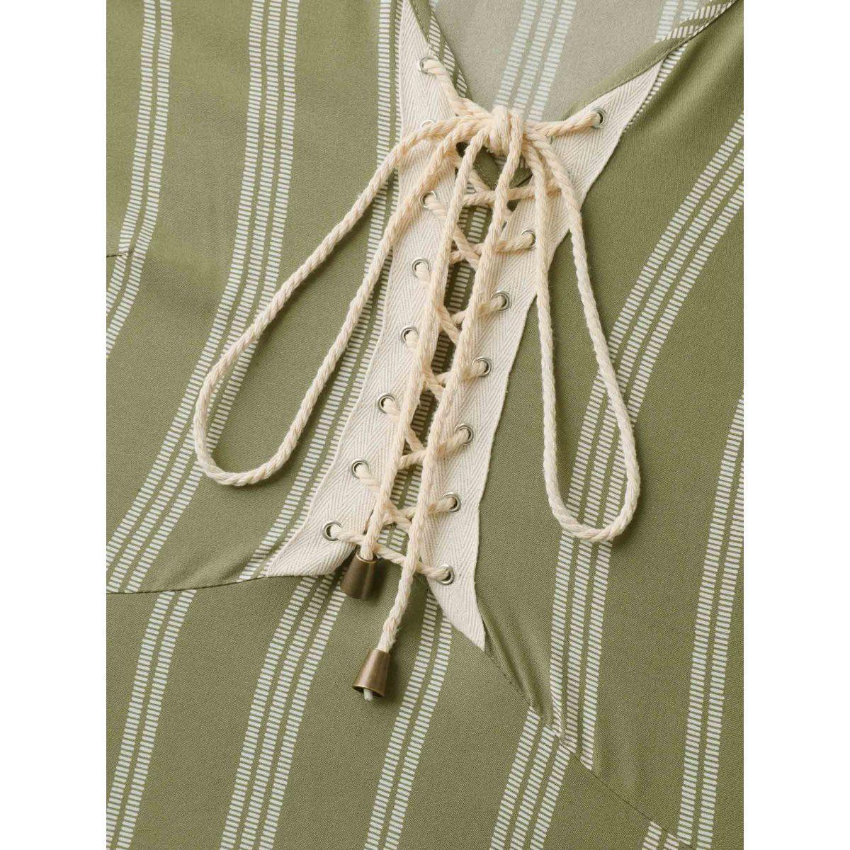 Plus Size Solid Stripes Bust Lace-Up Midi Dress Olive Women V-neck Sleeveless Curvy BloomChic 14-16/1X Product Image