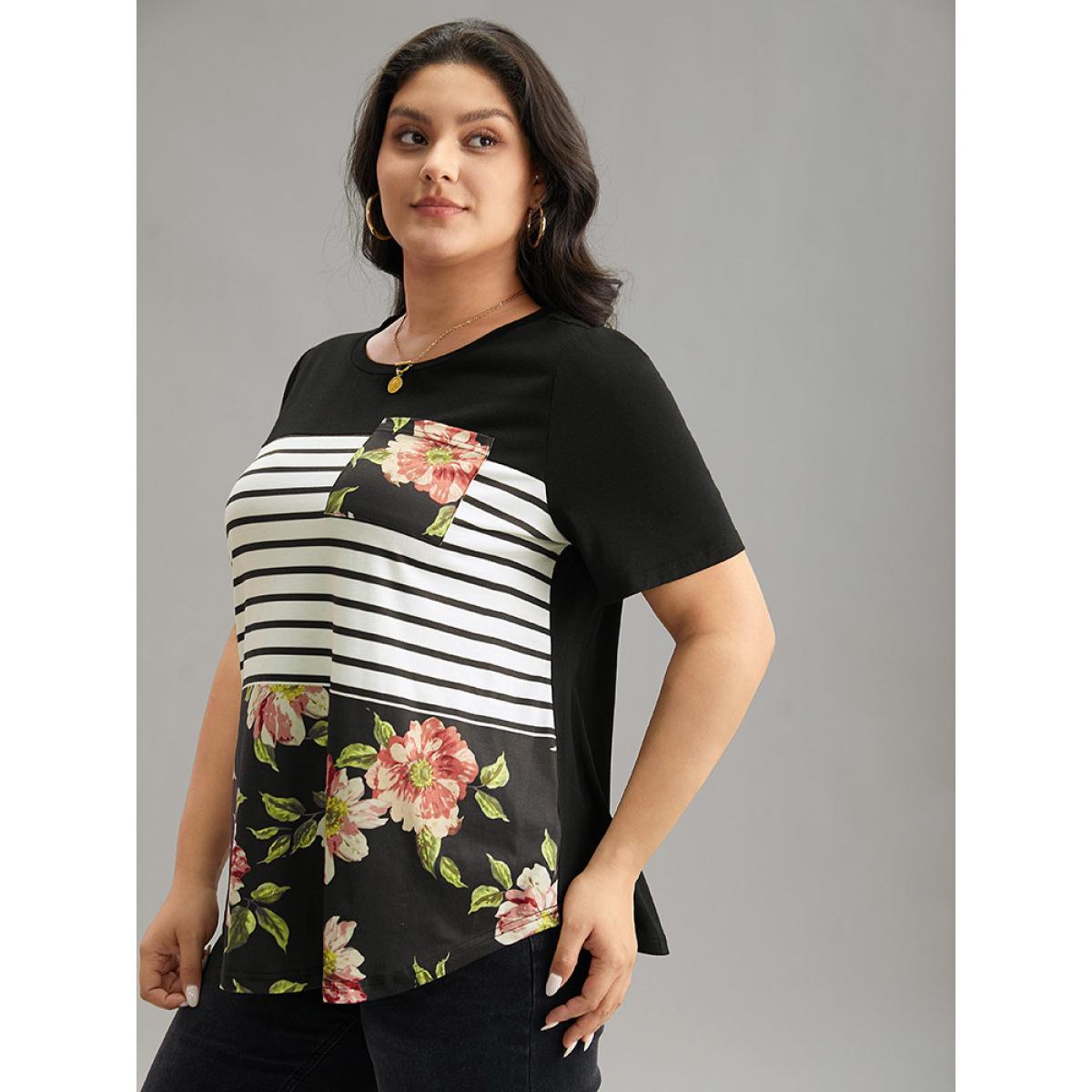Plus Size Floral Striped Patchwork Patched Pocket T-shirt Black Women Casual Printed Striped Round Neck Dailywear T-shirts BloomChic 10/M Product Image