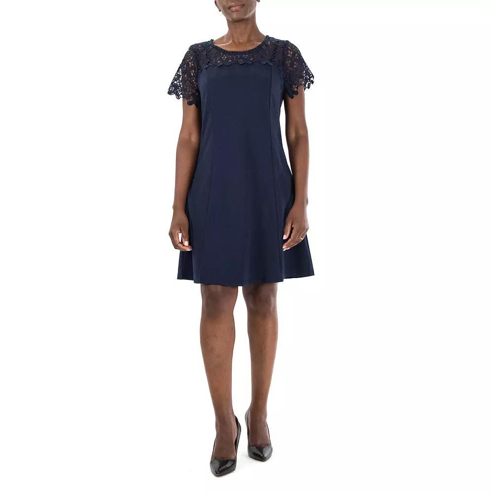 Women's Nina Leonard Lace-Yoke Cap Sleeve A-Line Dress, Size: Large, Blue Product Image