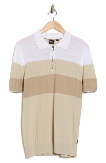 HUGO BOSS Zip-neck Polo Sweater In A Linen Blend In Light Beige Product Image