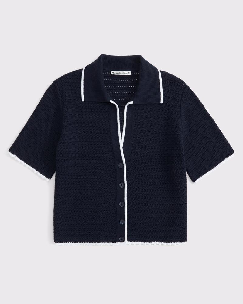 Short-Sleeve Crochet-Style Polo Product Image