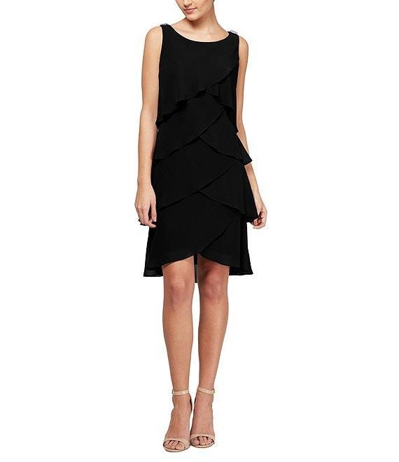 Ignite Evenings Chiffon Tulip Tiered Hem Sleeveless Round Neck Sheath Dress Product Image
