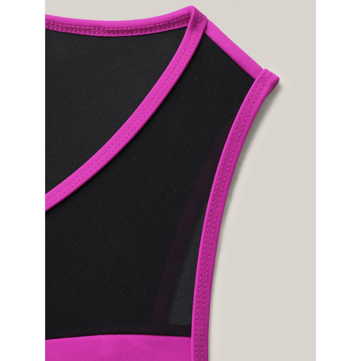 Plus Size Glide Lock Zipper Color Block Swim Top Women's Swimwear RedViolet Beach Contrast High stretch Skinny U-neck Curve Swim Tops BloomChic 14-16/1X Product Image