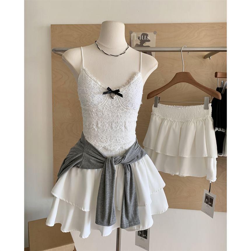 Set: V-Neck Lace Trim Camisole Top + Plain Cardigan + High Waist Plain Tiered Mini A-Line Skirt Product Image