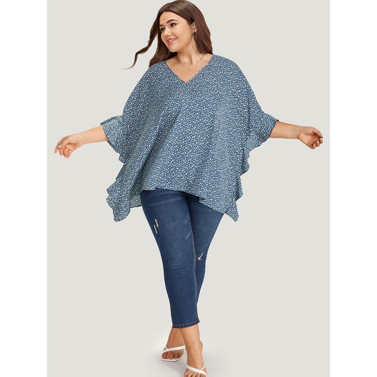Plus Size Stone Leopard Print Ruffle Trim Asymmetrical Hem Batwing Sleeve Blouse Women Elegant Half Sleeve V-neck Dailywear Blouses BloomChic 30/6X Product Image