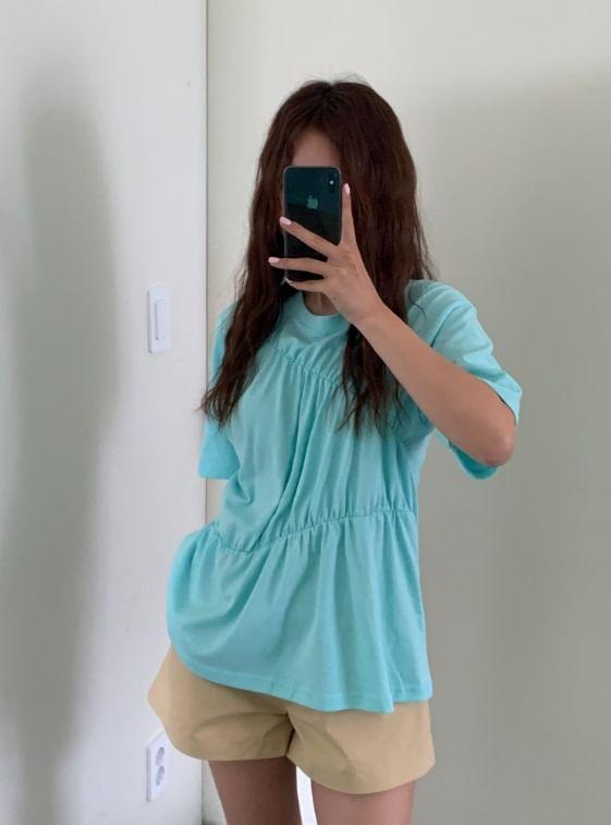 Short Sleeve Plain Ruched Loose-Fit T-Shirt Product Image