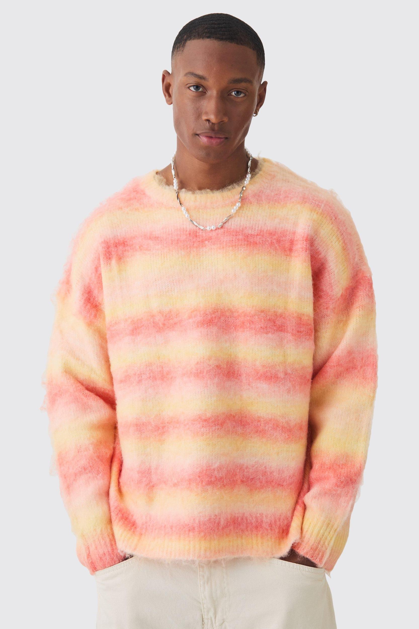 Mens Oversized Boxy Brushed Stripe Knitted Sweater - Orange Product Image