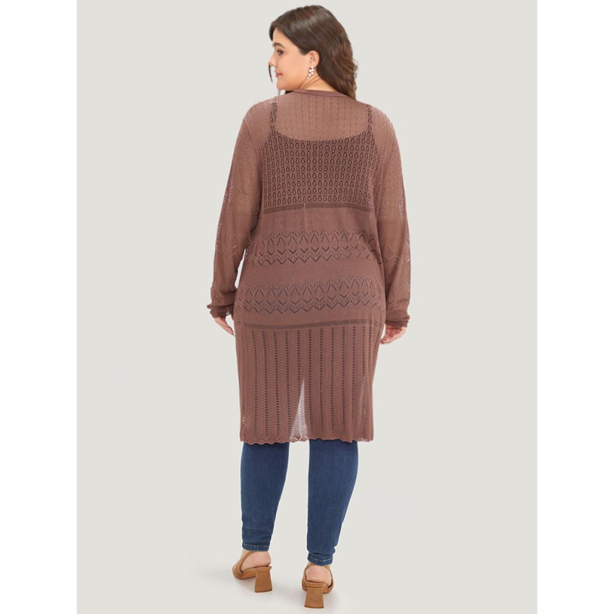 Plus Size Geometric Eyelet Open Front Maxi Cardigan Rust Women Casual Loose Long Sleeve Everyday Cardigans BloomChic 14-16/1X Product Image