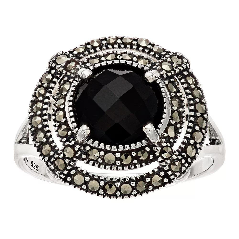 Lavish by TJM Sterling Silver Black Onyx & Marcasite Circle Ring, Women's, Size: 6 Product Image
