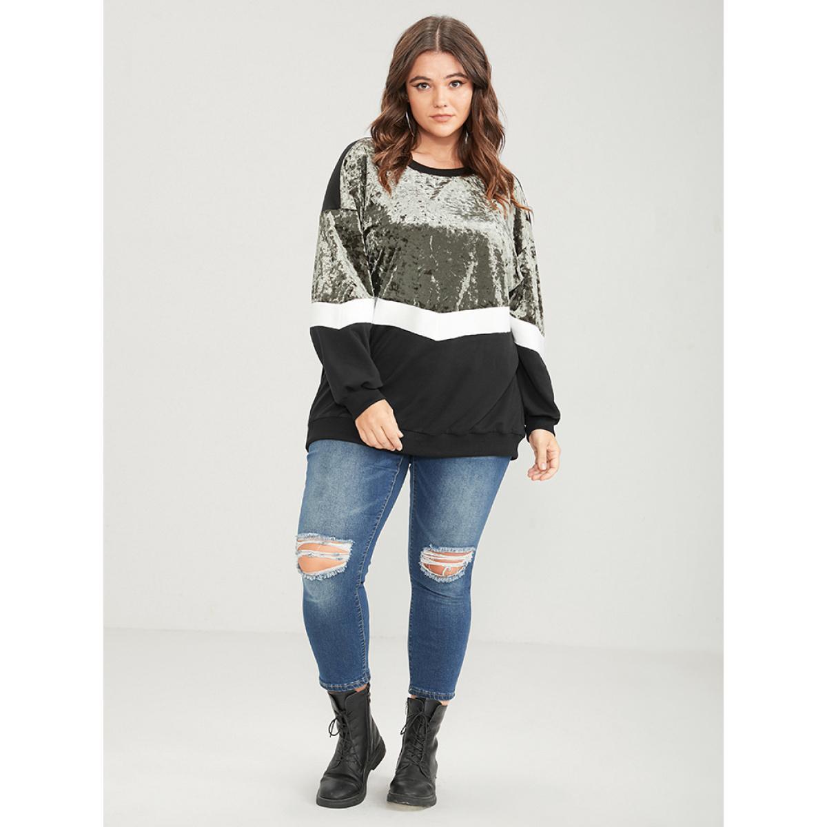 Plus Size Colorblock Contrast Velvet Patchwork Drop Shoulder Sweatshirt Women ArmyGreen Casual Patchwork Round Neck Dailywear Sweatshirts BloomChic 10/M Product Image