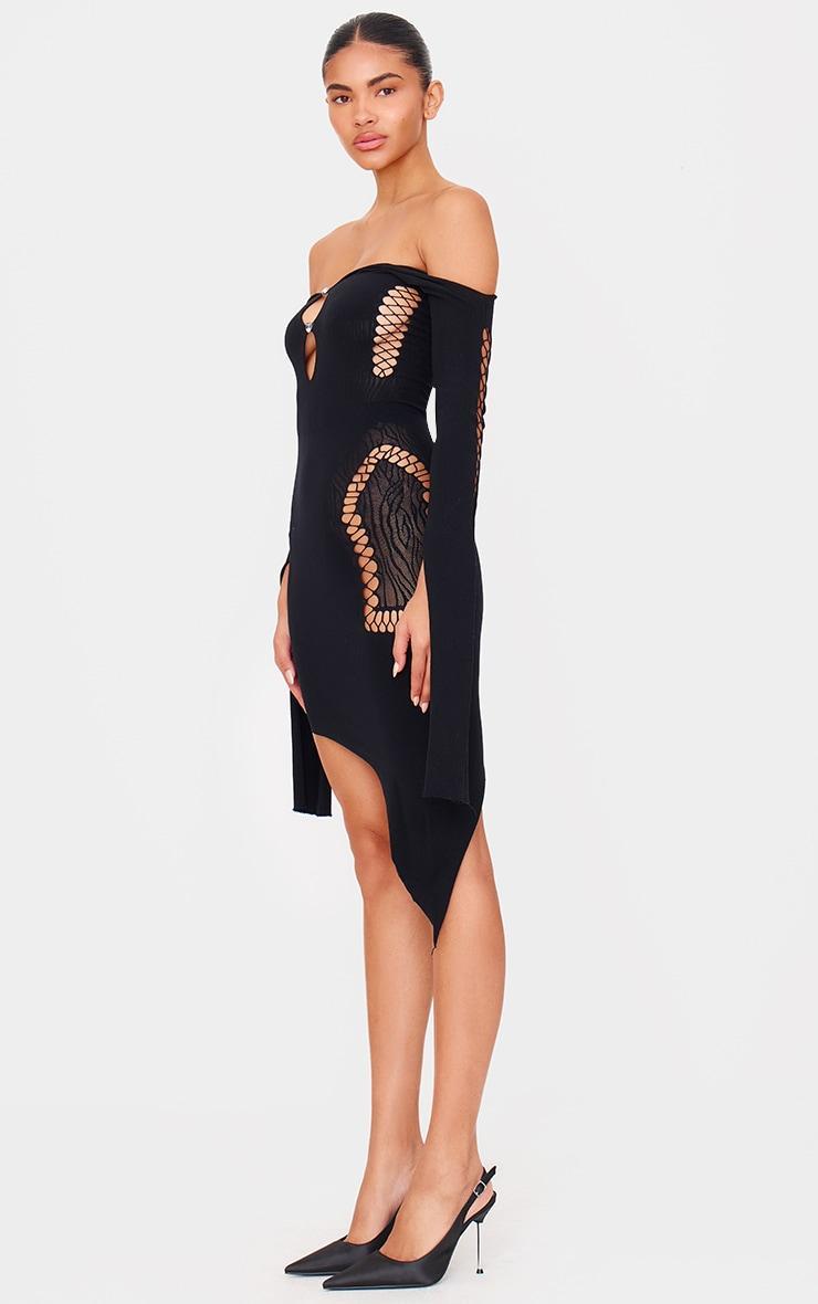 Black Sheer Cut Out Long Sleeve Midi Dress Product Image