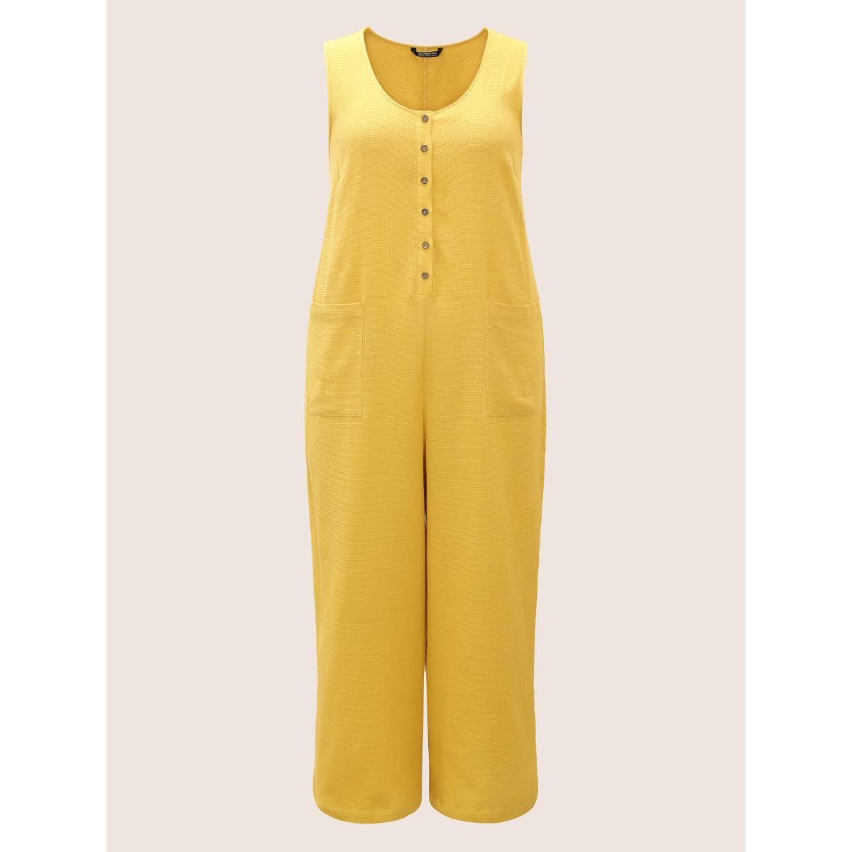Plus Size Gold Solid Textured Scoop Neck Patched Pocket Jumpsuit Women Casual Sleeveless Everyday Loose Jumpsuits BloomChic 26/4X Product Image