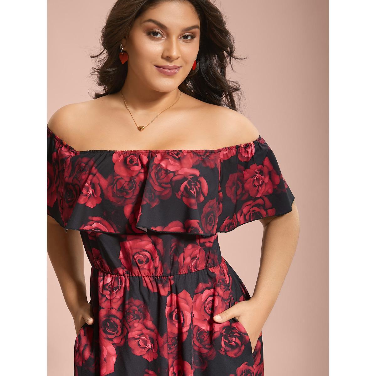 Plus Size Off-Shoulder Rose Pattern Ruffled Dress BlackFlower Women Elegant Ruffles One-shoulder neck Short sleeve Curvy BloomChic 18-20/2X Product Image
