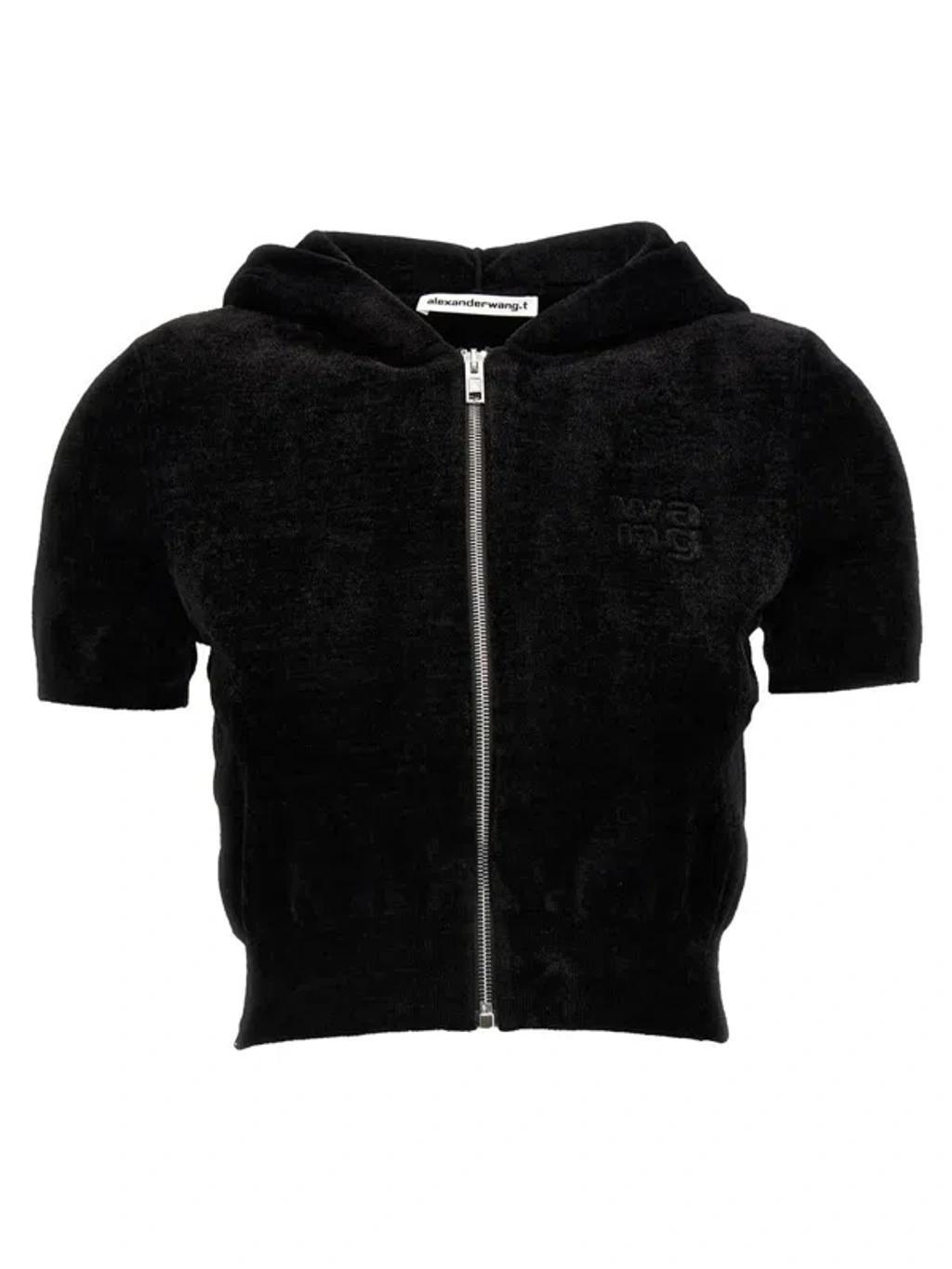 ALEXANDER WANG T Logo Chenille Cropped Hoodie In Black Product Image