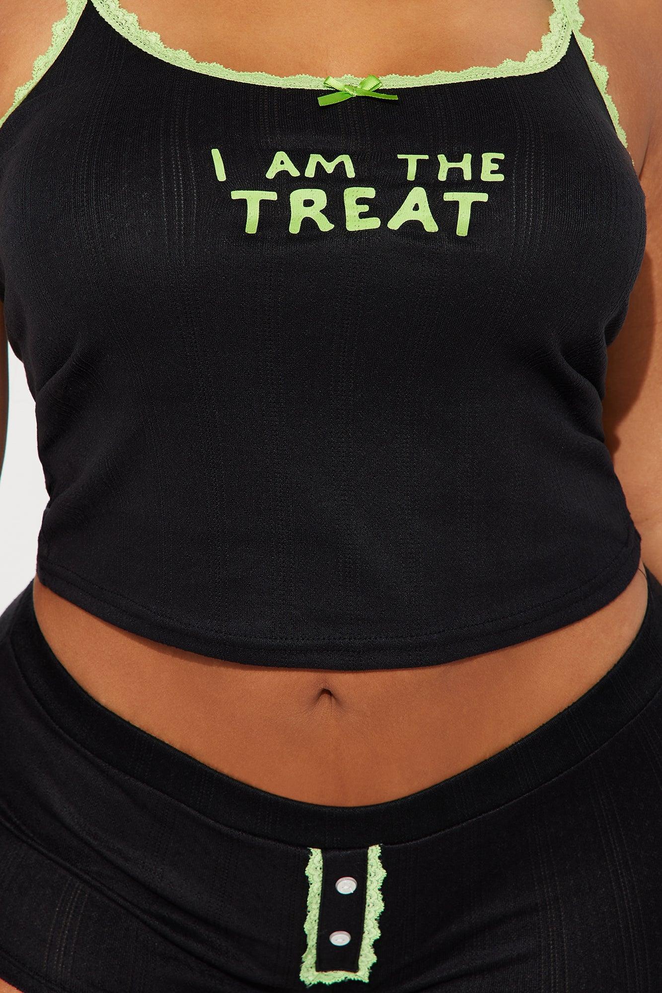 I Am The Treat Halloween 2 Piece Pointelle Cami And Panty Set - Black/Green Product Image