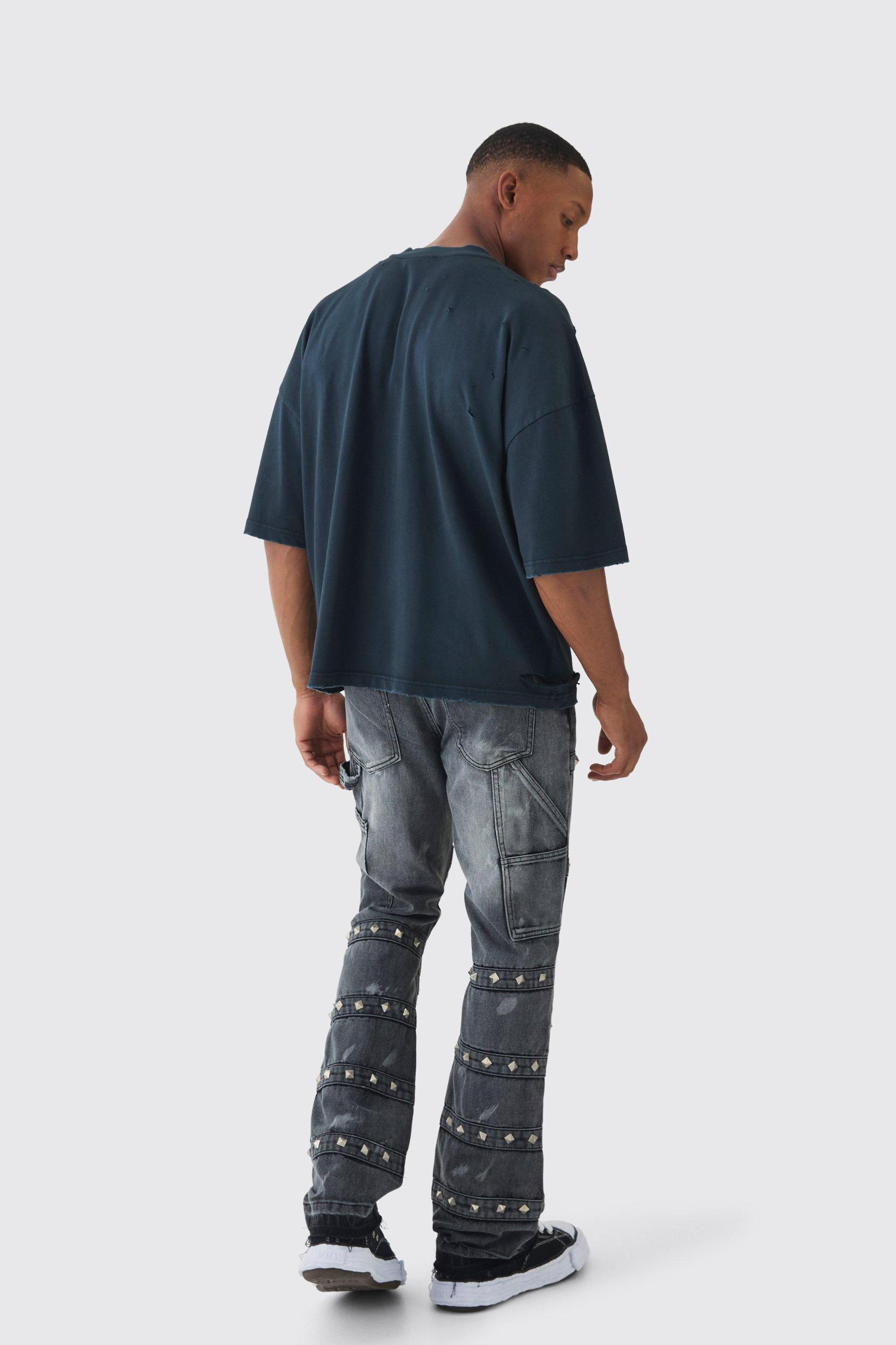 Premium Oversized V Neck Dropped Shoulder Top Stitched Washed T-shirt | boohooMAN USA Product Image