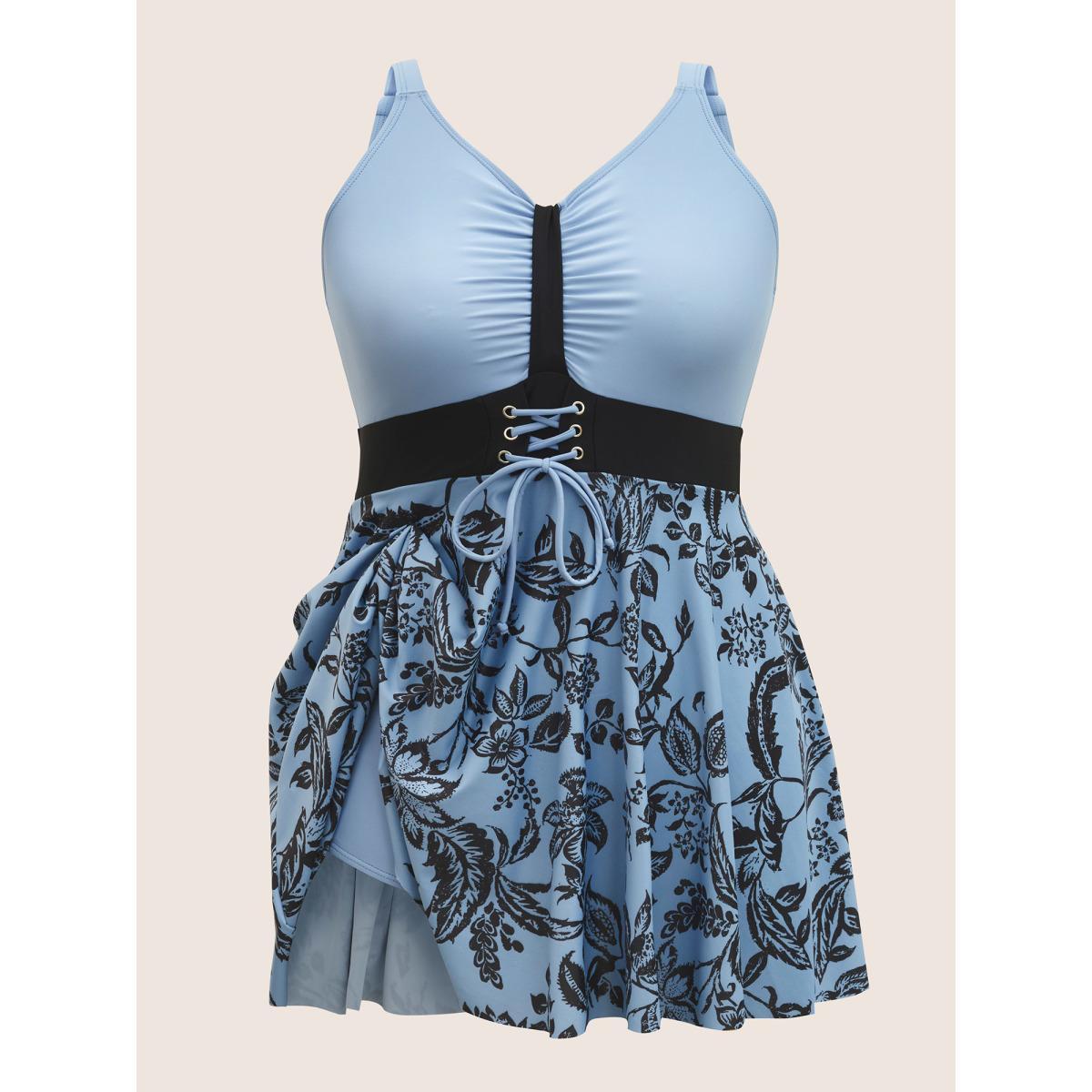 Plus Size Silhouette Floral Print Ruched Lace Up Swim Dress Women's Swimwear Stone Beach Bodycon V-neck High stretch Curve Swim Dresses BloomChic 30/6X Product Image