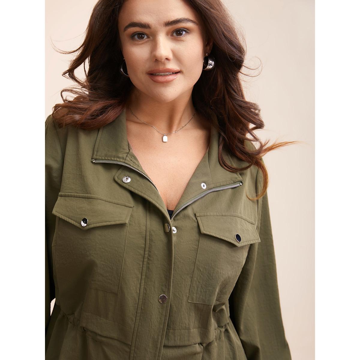 Plus Size Solid Flap Pocket Drawstring Jacket Women ArmyGreen Drawstring Side seam pocket Everyday Jackets BloomChic 14-16/1X Product Image