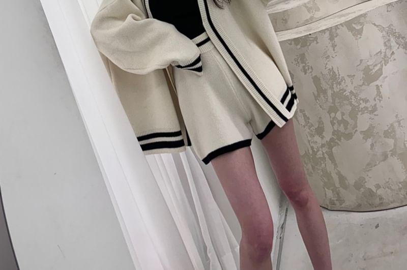 Set: V-Neck Contrast Trim Zip-Up Cardigan + High Waist Knit Shorts Product Image