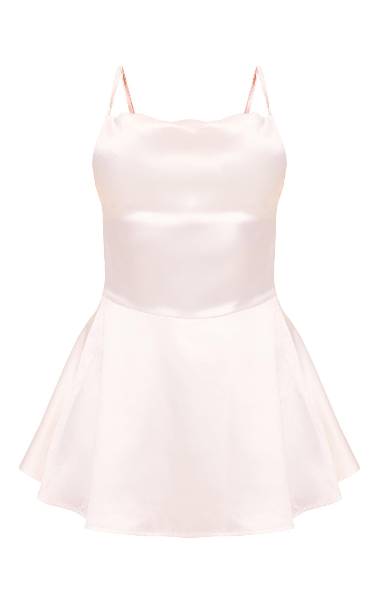 Cream Satin Cowl Neck Lace Up Back Skort Romper Product Image