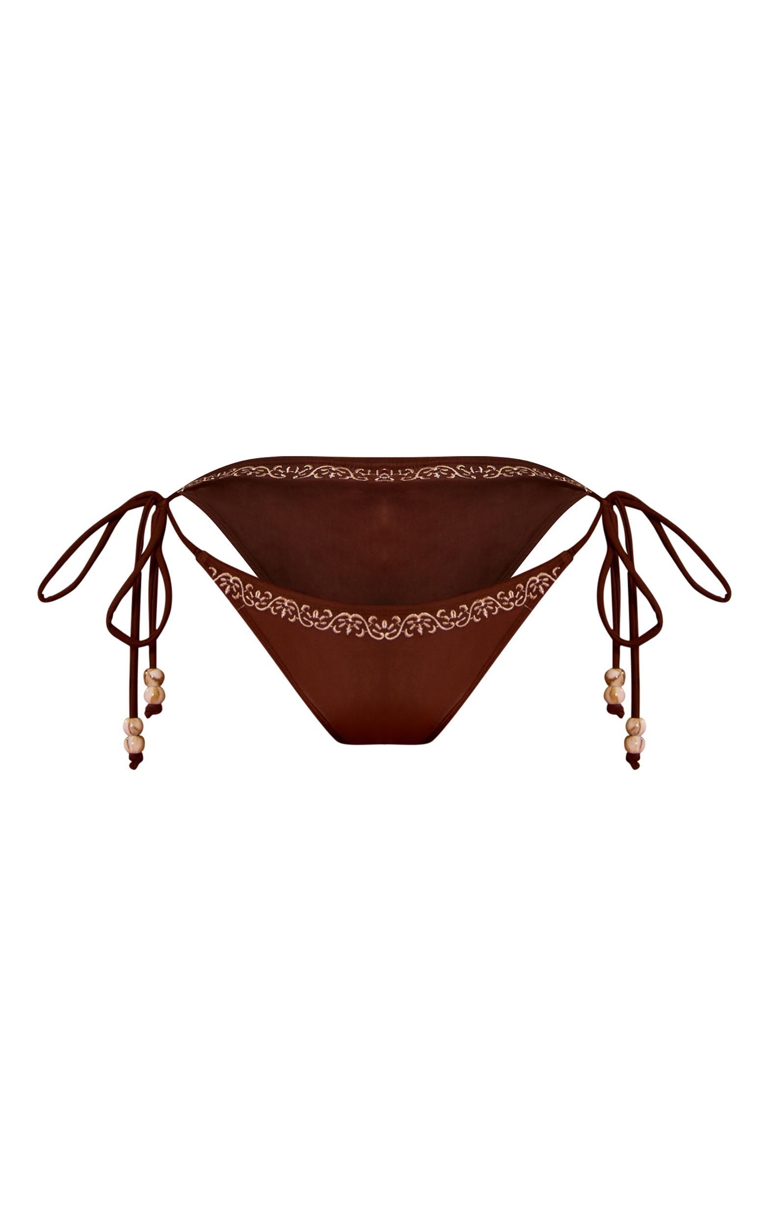 Chocolate Embroidered Bead Detail Tie Side Bikini Bottoms Product Image